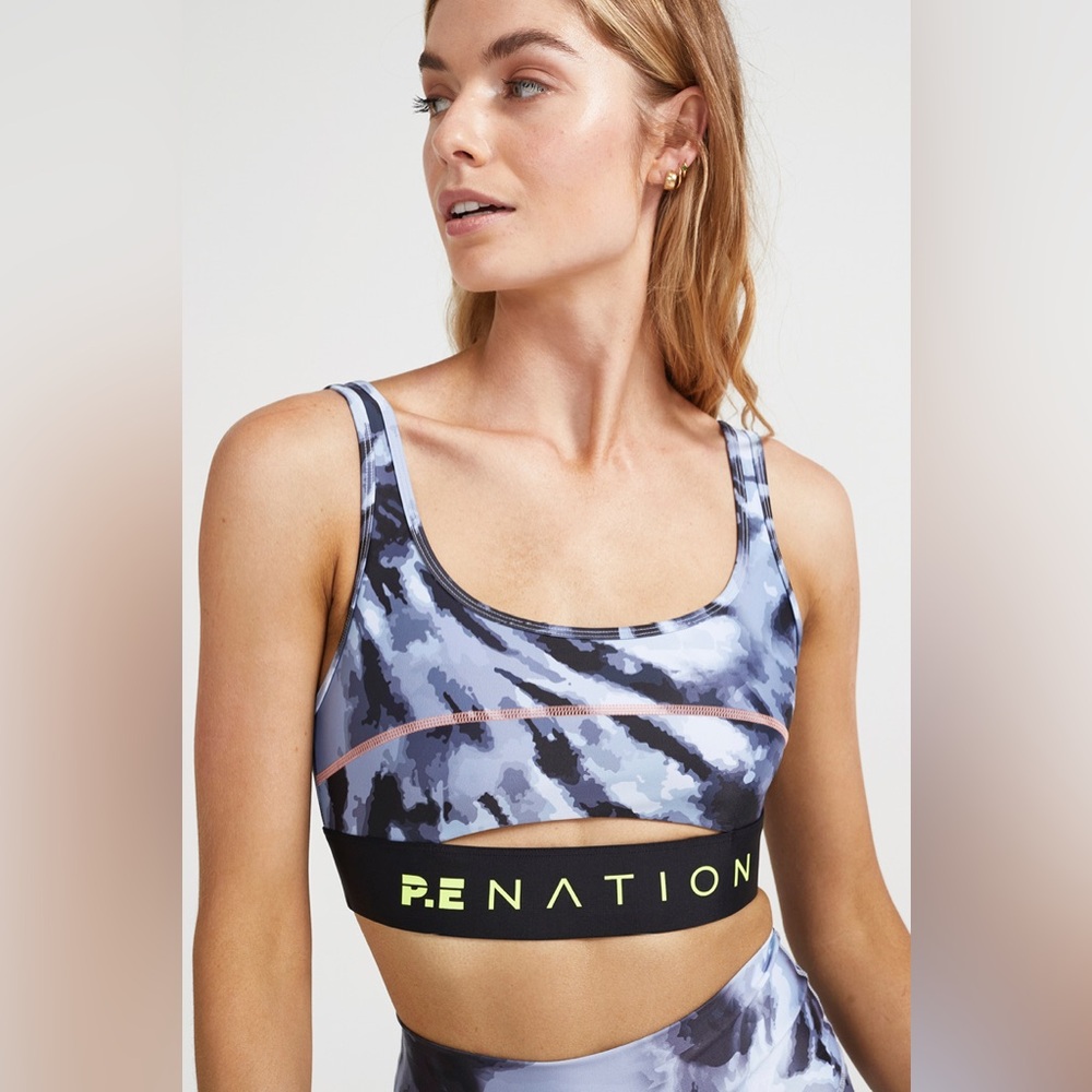 P.E NATION Top Spin Sports Bra with Tie Dye Camo Print Size Medium